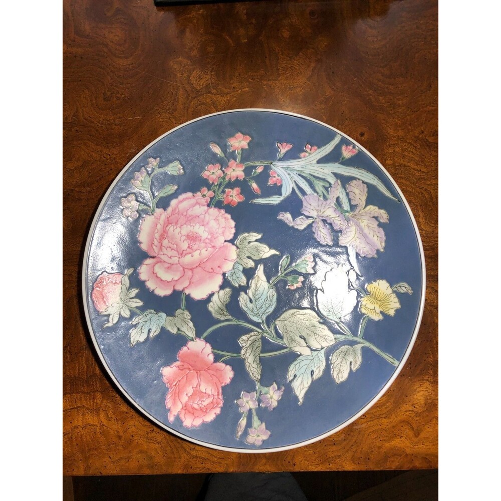 MCM Vintage Asian Floral Charger Plate – Mid Century Modern Hand-Painted Macau - Picture 7 of 8